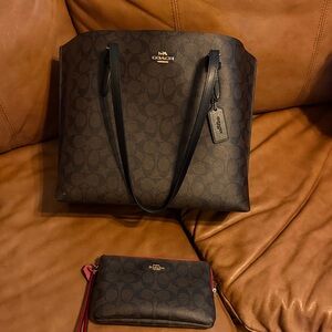 Coach Signature Brown Tote and Wristlet red accents like new